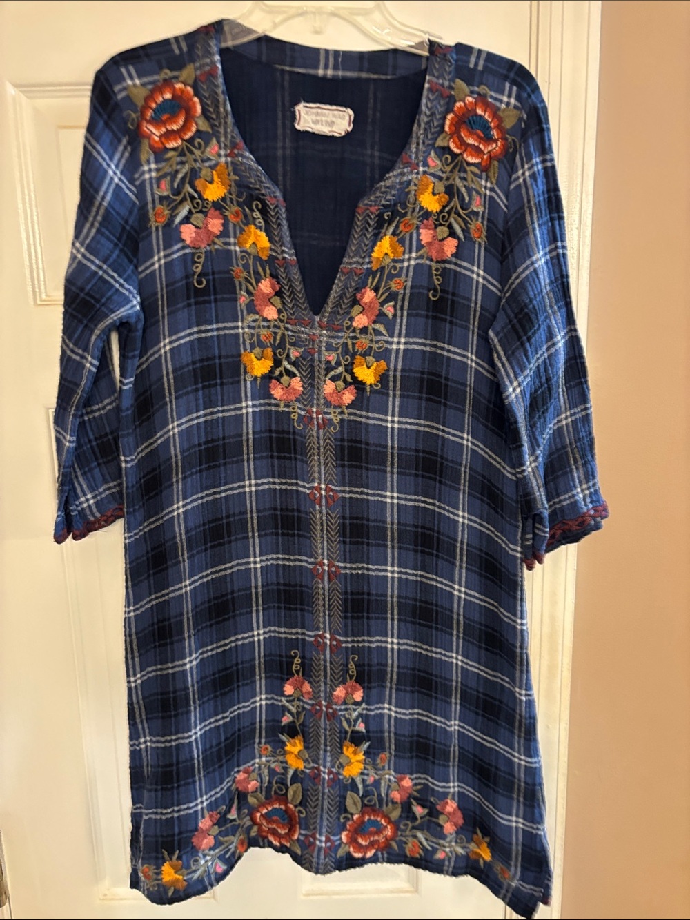 Johnny Was Blue Plaid Mini Dress with Embroidery Small